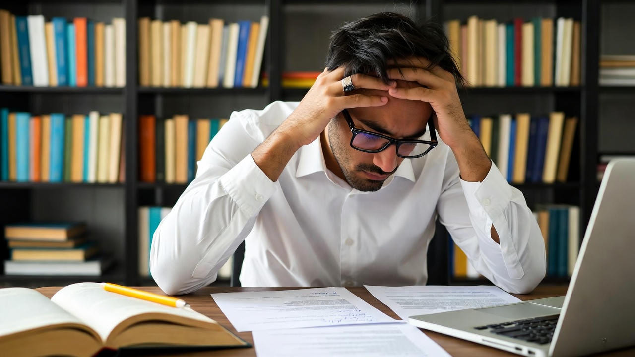Stressed student or researcher sitting at a desk with hands on head, surrounded by open books, printed papers, and a laptop in a library or study room, representing academic pressure, thesis writing challenges, and mental fatigue during research or exam preparation.